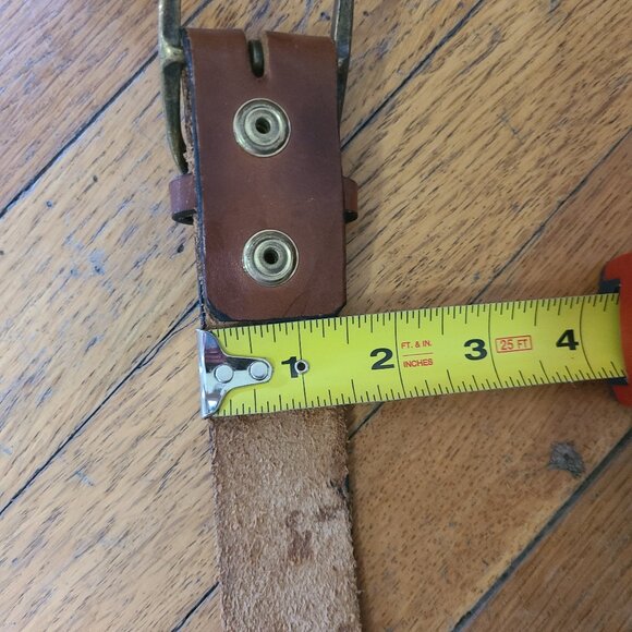 Vintage 34 36 Unisex Embossed Leather Belt Brass Buckle Mens Womens Boho Hippie - Picture 2 of 3